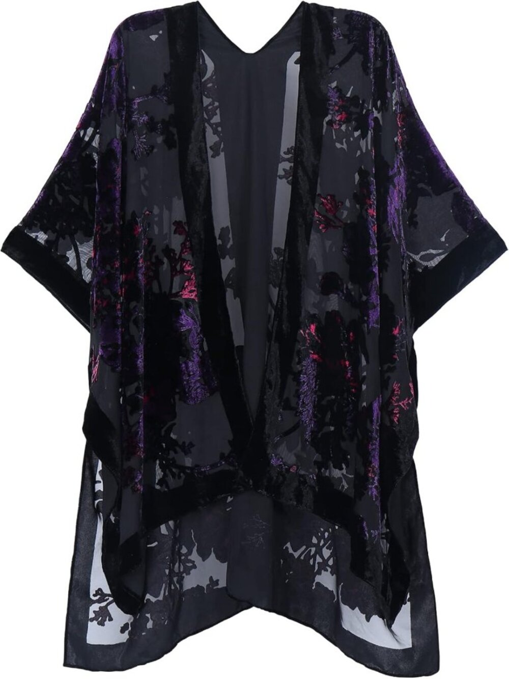 Black Burnout Velvet Kimono Long Cardigan Duster Open Front Boho Cover Up